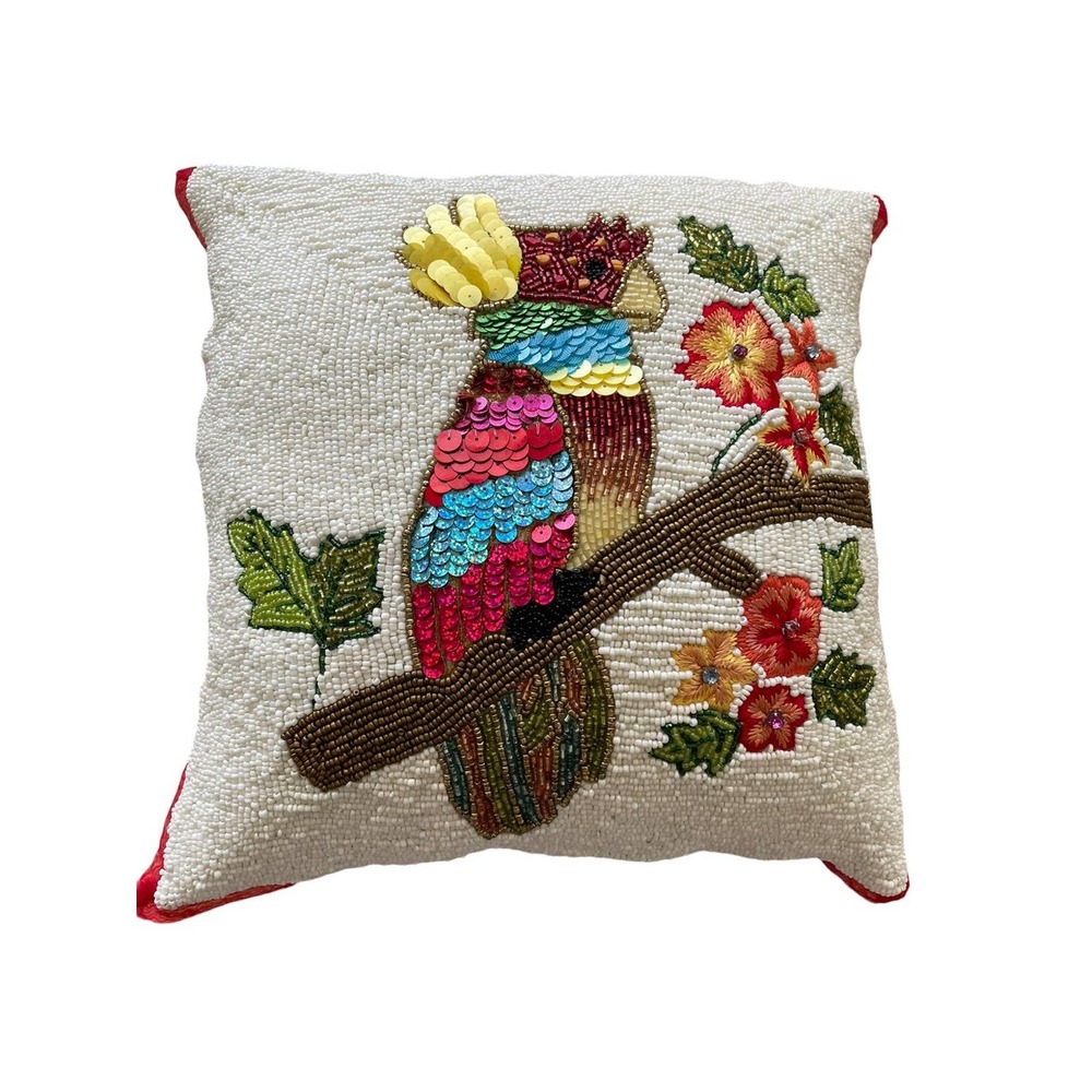 Beaded Sequin Parrot Throw Pillow Decorative Pink Removable Cotton Branch Flower